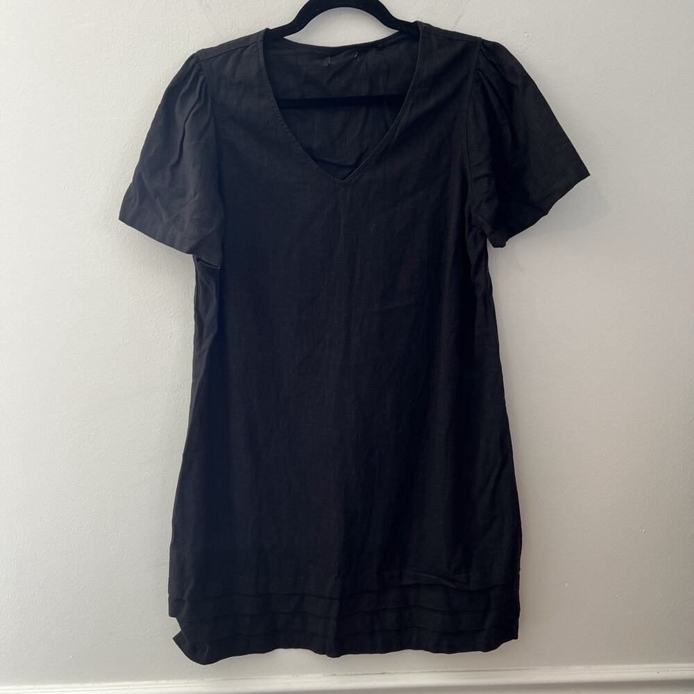 Nicole Miller Original Women's Shift Dress Sz L‎ Black Linen Blend Pleated Hem